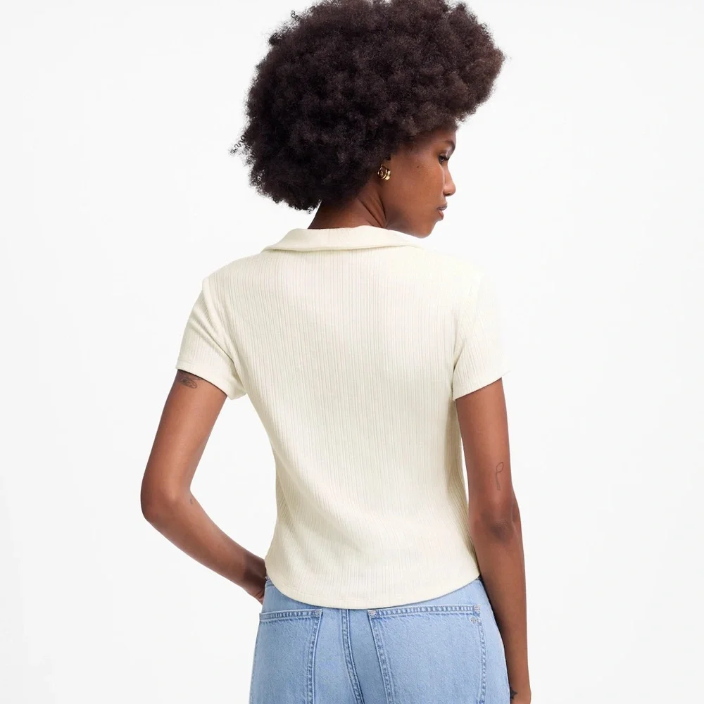 Madewell White Ribbed V-Neck Polo Tee - Picture 3 of 8